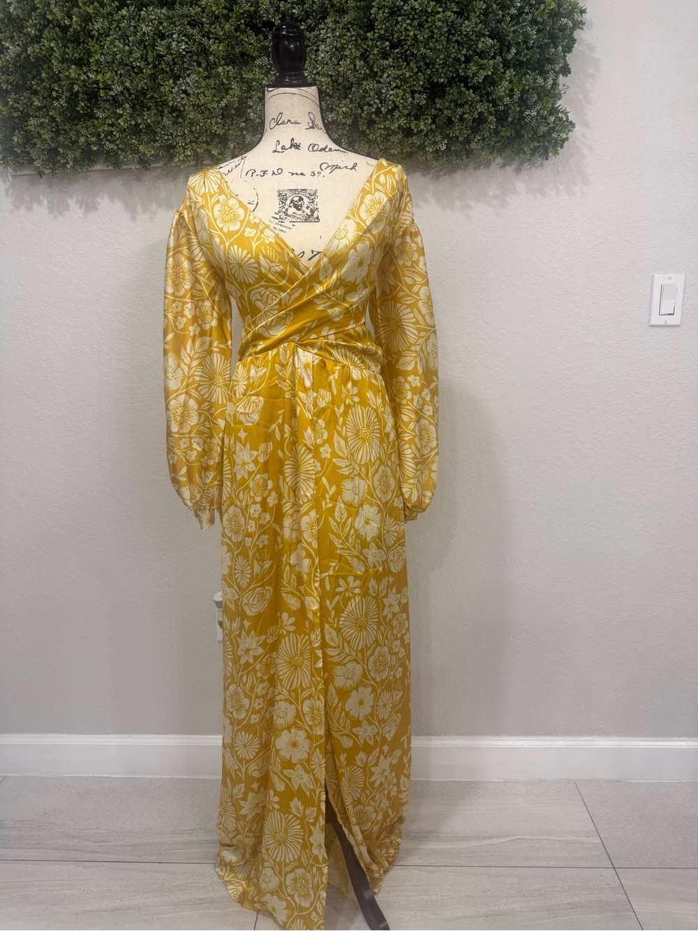 Yellow Floral Wrap Maxi Dress, Long Sleeve - Picture 2 of 6